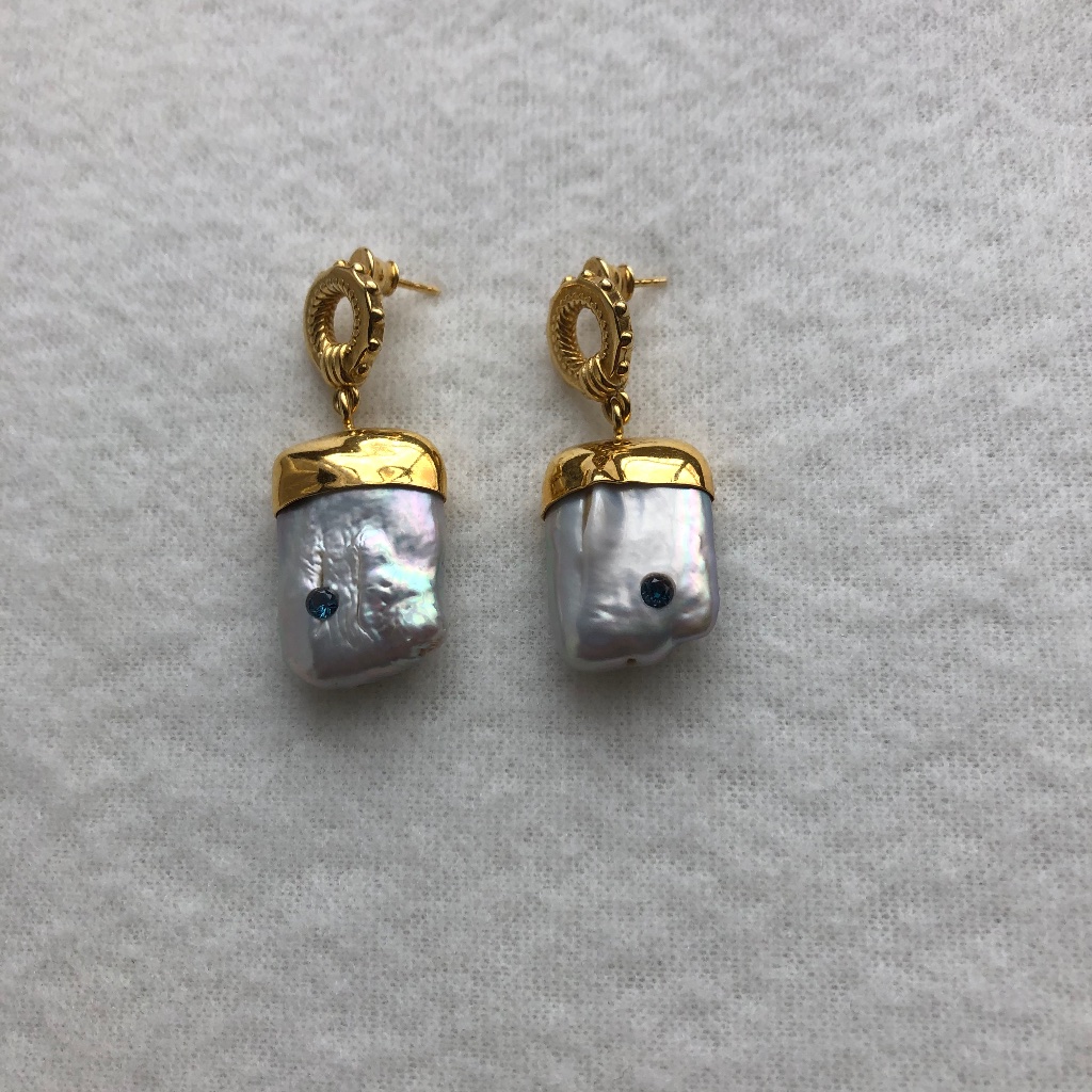 Baroque Silver Peral With Nano Stone Earrings Set In 24 K Plated Silver